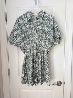 Exquise Anthropologie White Floral Button-Front Dress with Blue & Green Print
